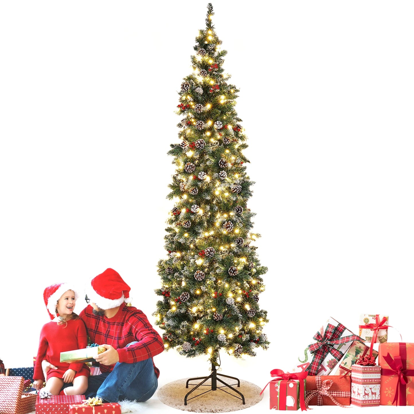 7.5 Ft Pre-Decorated Pencil Christmas Tree Pre-Lit Holiday Tree Warm White Lights with Clear Lights Collapsible 955 PVC Tips
