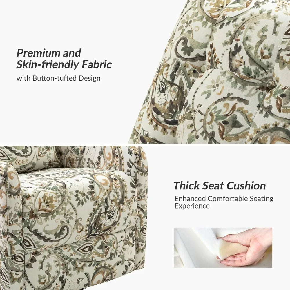 Recliner Chair Modern Printed Fabric for Living Room, Wingback Rocker Recliner Sofa Comfy Armchair 360 Degree Swivel, Nursery R