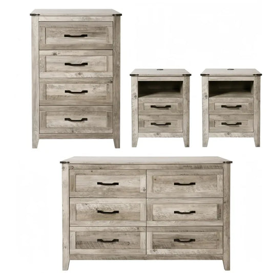 4PCS Farmhouse Dresser Set，2 Drawer Nightstand Set of 2 with USB. Light Rustic Oak