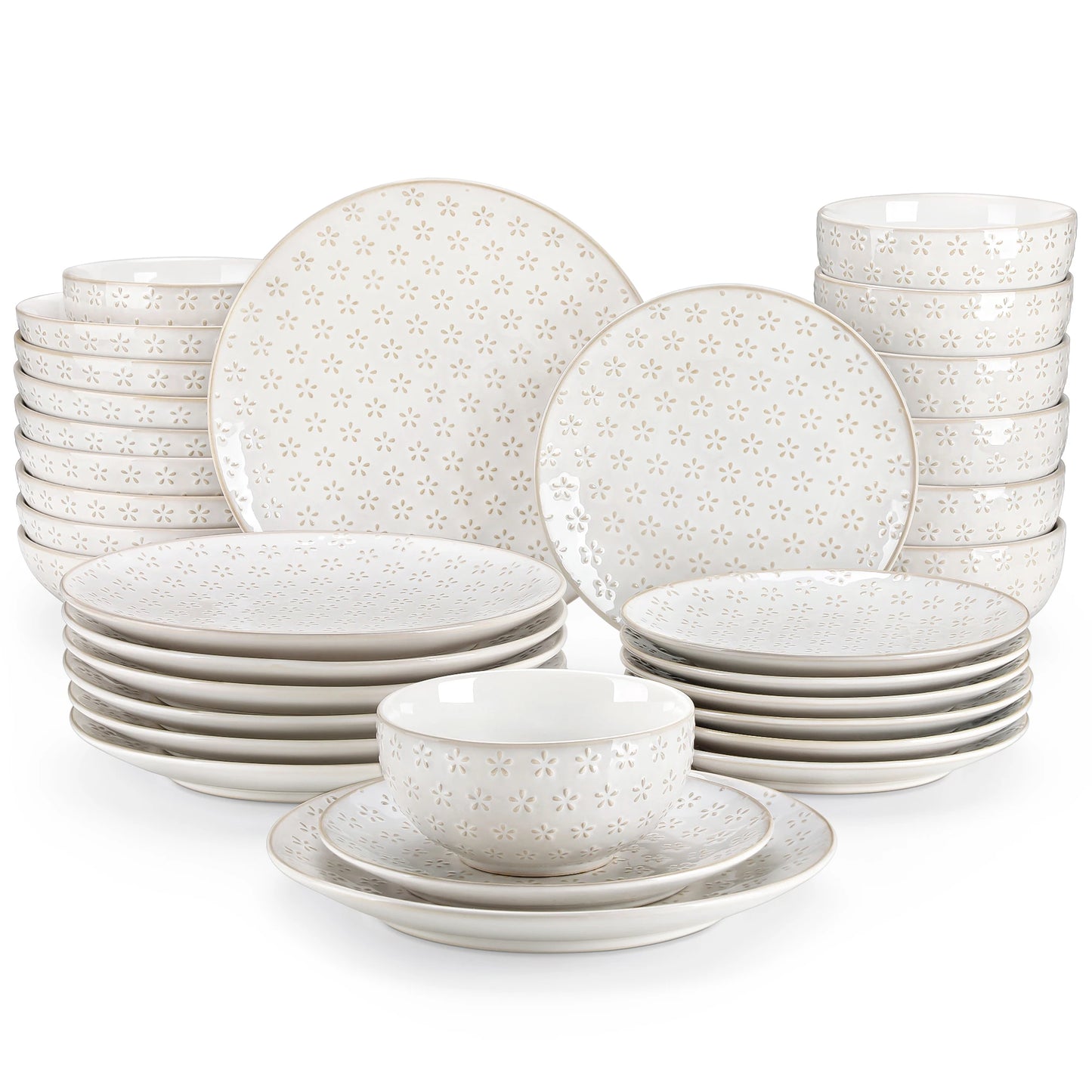 MALACASA LYDIA 16/32 Piece Stoneware Plates Dinner Set White Embossment Dinnerware Set with 6pcs Dinner plate/Dessert/Bowl/Soup