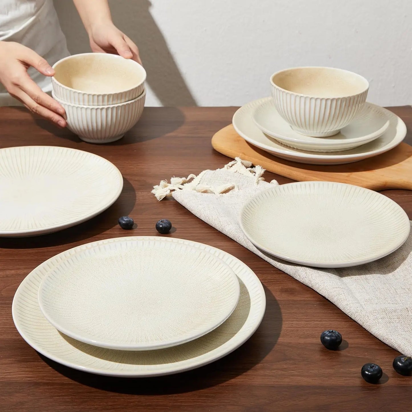 Ceramic Dinnerware Sets for 4, 12 Pieces Embossed Stoneware Plates and Bowls Sets, Scratch Resistant Dish Sets, Distinctive Gran