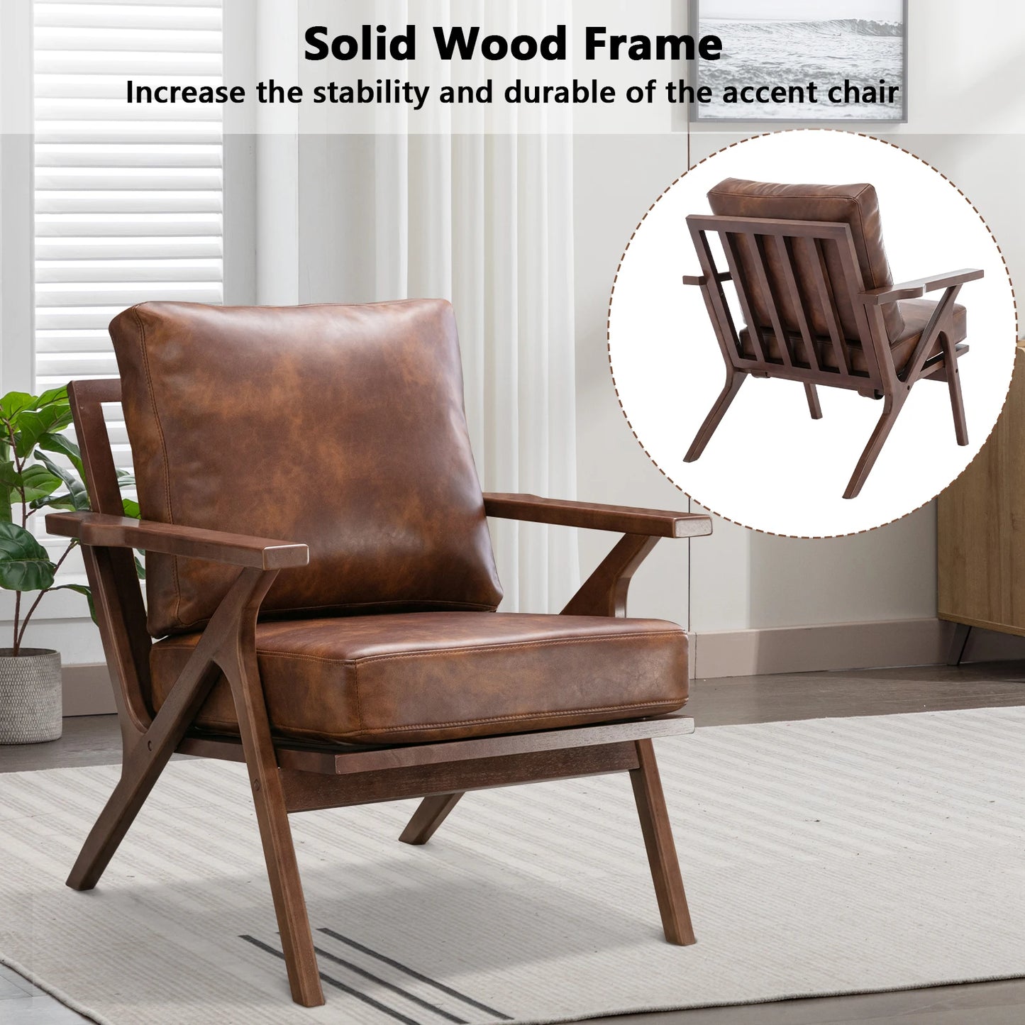 Accent Chair with Wood Frame, PU Leather Chair with Removable Upholstered Cushions for Living Room