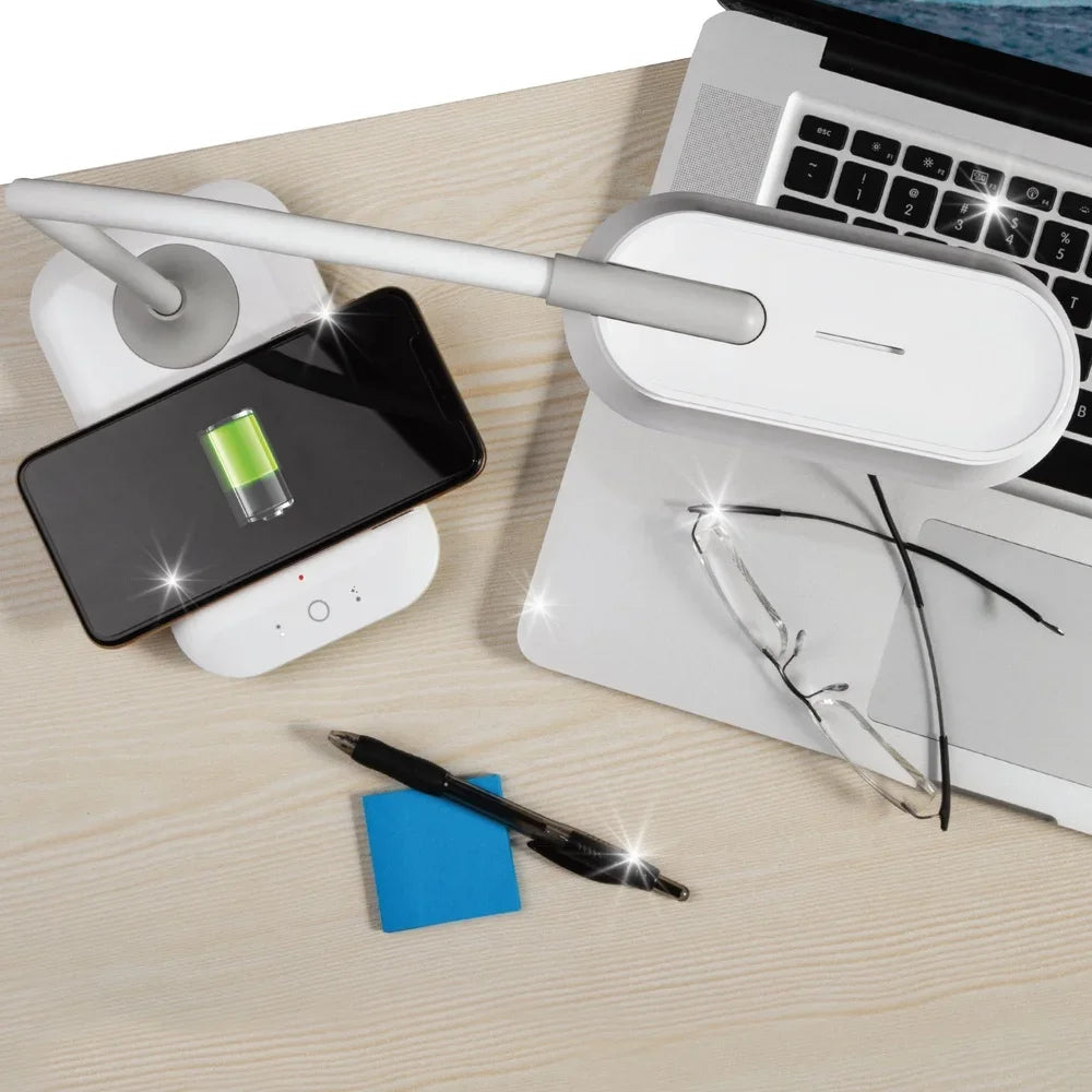 LED Sanitizing Desk Lamp with Wireless Charging SpectraClean Disinfection ClearSun Technology Adjustable Brightness Modes Office